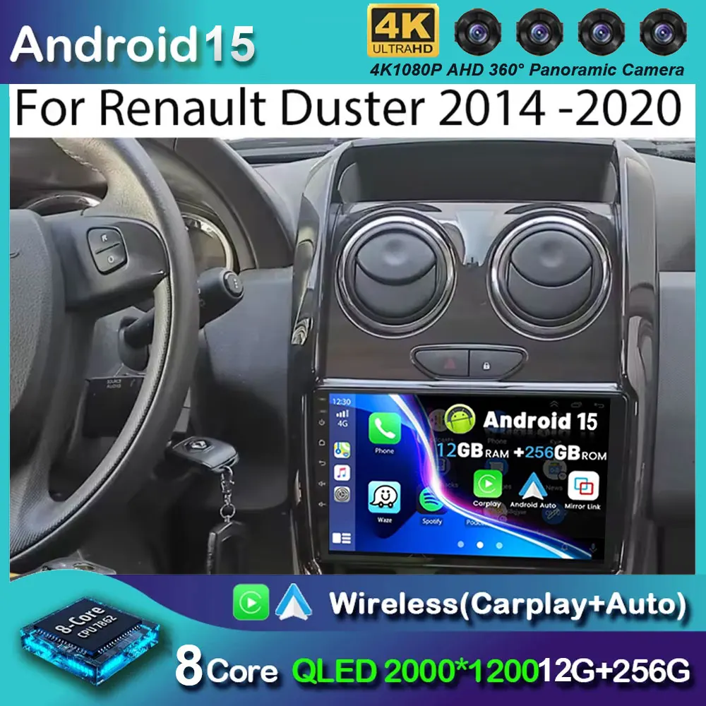 Android 15 Car Radio For Renault Duster 2014 2015 2016 2017 -2020 Navigation GPS Multimedia Player Stereo wifi+4G Carplay DSP BT