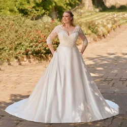 Classic Wedding Dresses 2023 Plus Size V-Neck 3/4 Sleeves Bride Gowns Back Lace-up Lace Applique A-Line Satin Robe De Mariage