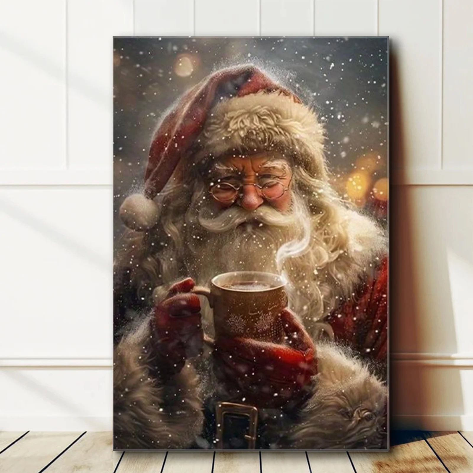 1개 포장된 나무 프레임 포스터(클래식 크리스마스 캔버스 프린트, 눈 속에서 커피를 마시는 산타, 세로 직사각형)