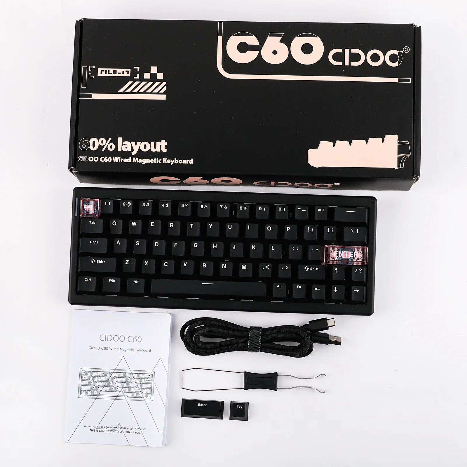 CIDOO C60 HE, 63-клавишная компактная раскладка, проводная игровая клавиатура с возможностью горячей замены и магнитным переключателем с эффектом Холла, RGB-подсветка, частота заката 8K