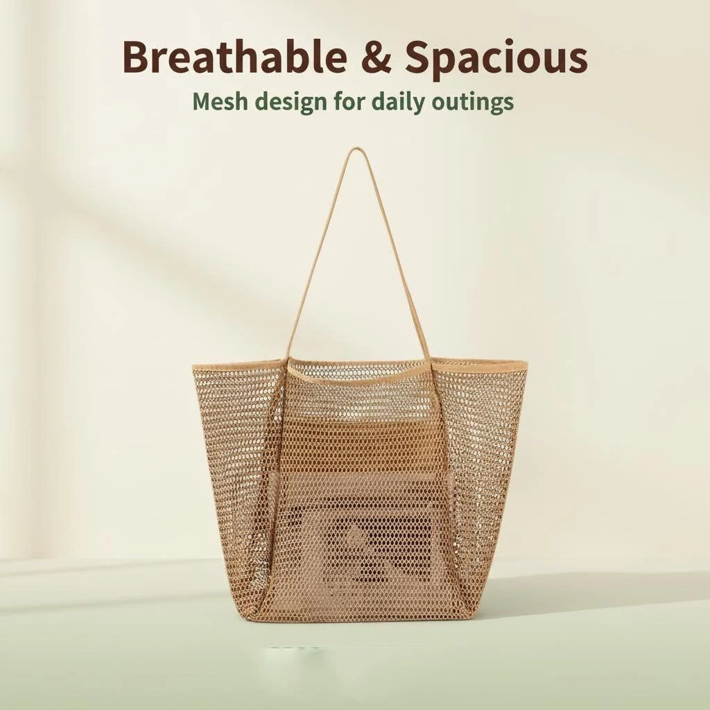 Large Capacity Mesh Beach Tote Bag for Women Minimalist Design Wire Mesh Handbag with Inner Pocket Lightweight Foldable for Beac