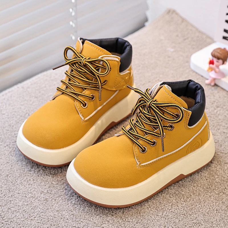 جديد للأطفال موضة الأحذية الصفراء الخريف الشتاء سميكة وحيد صبي فتاة المضادة للانزلاق عالية أعلى الأحذية الجلدية الدانتيل يصل الاطفال حذاء كاجوال #3