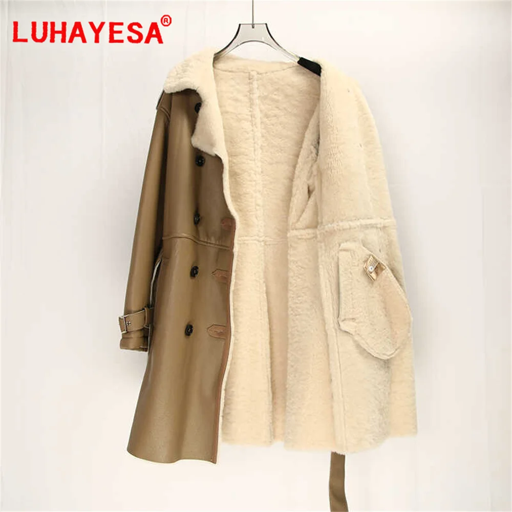 2024 Spain Merino Sheepskin Fur Coat Women Casual Long Double Breasted Winter Warm Fur Outerwear