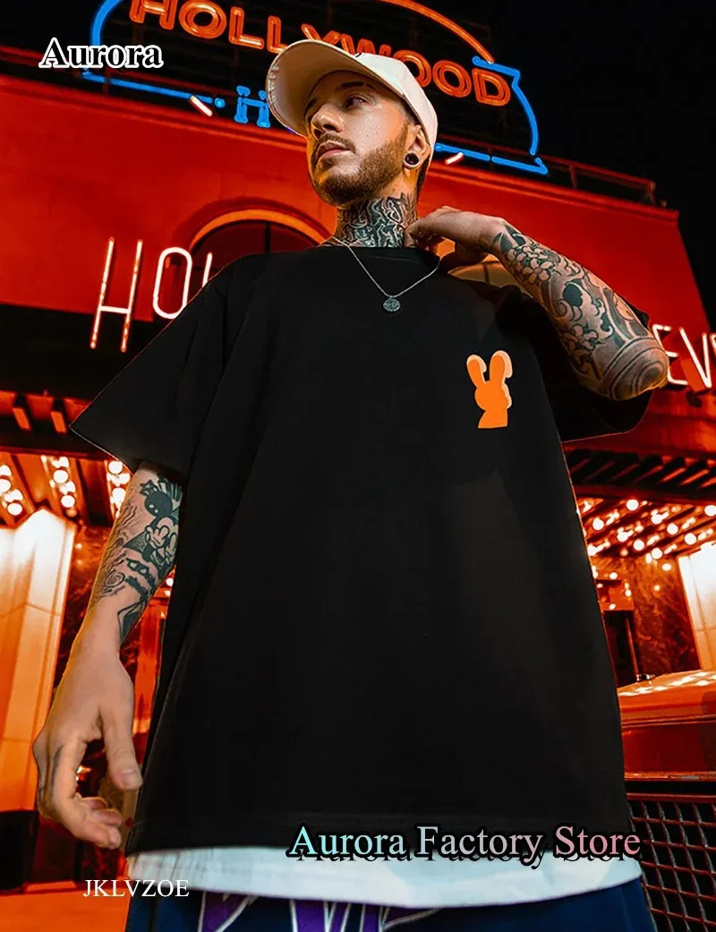 2024 New Summer Men Orange Rabbit Graphic T-Shirt Casual Tops Tees Male Fashion Clothing Short Sleeve Cotton Tshirt Solid