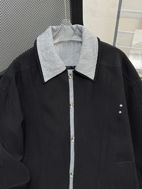 Loose Fit Men's Jacket Korean Style Fake Two-Piece Design Collar Outerwear Stylish Polyester Fiber Long Sleeve Regular Length