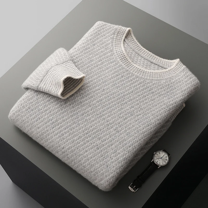 Autumn and winter new 100% pure woolen sweater men's crewneck double thick jacquard cashmere sweater sweater sweater bottoms