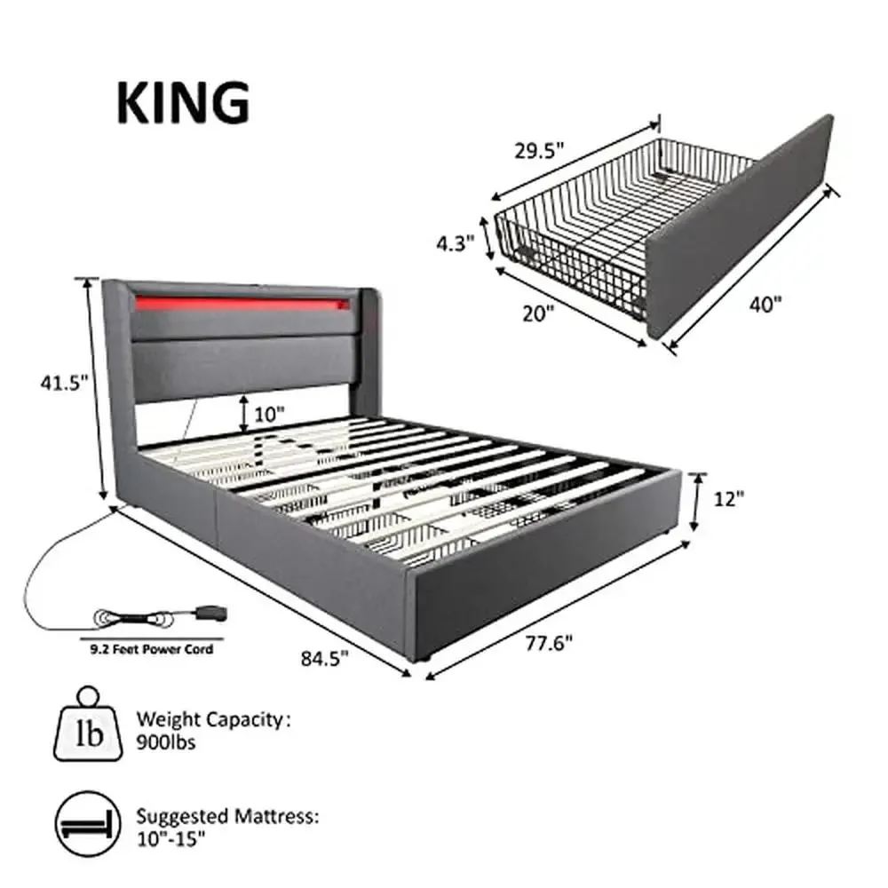 King Bed Frame LED Lights Headboard 4 Storage Drawers USB-C Charging Ports Smart Platform Bed_RGBW Ambiance Strobe Gradient Jump