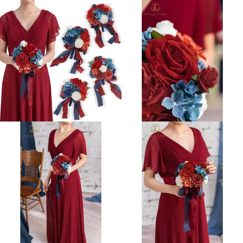 

Artificial Silk Flowers Wedding Bouquets Set of 4, Red & Navy Blue, 7 Inch, Bridesmaid Bouquets for Bridal Party