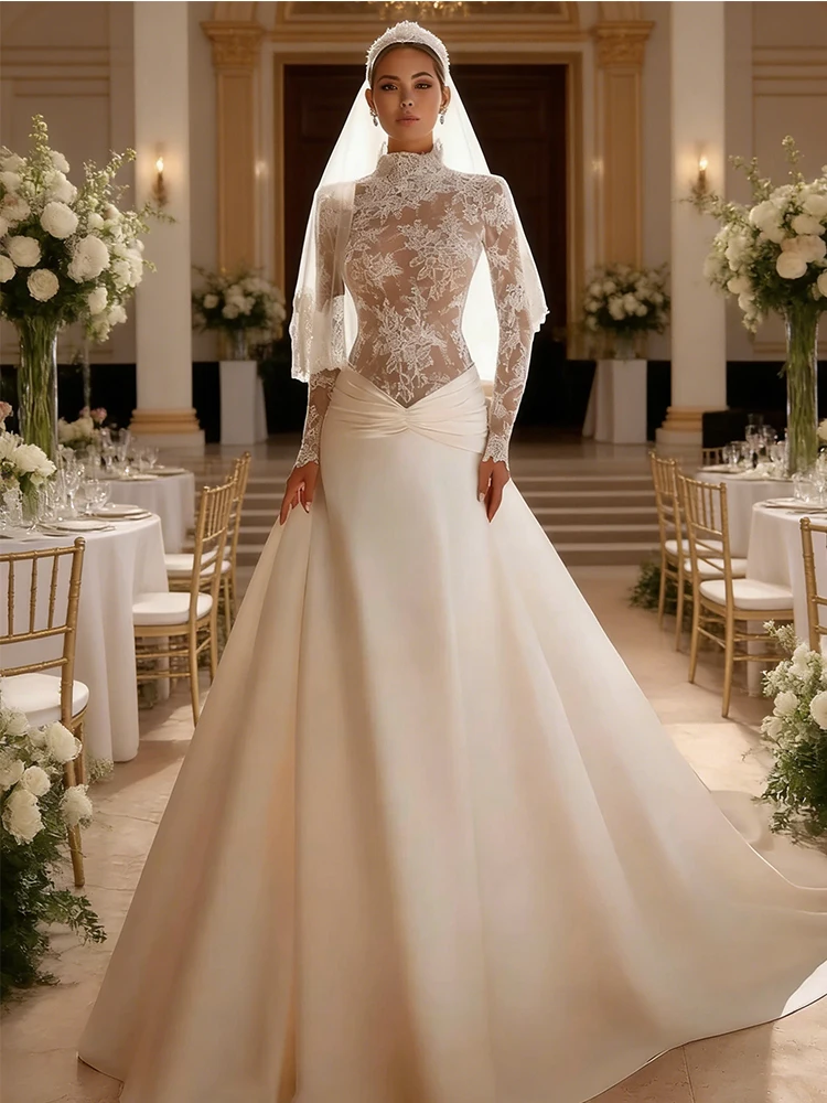 

Очаровательное кружевное свадебное платье с длинными рукавами, высоким воротником, струящимся атласным подолом, А-силуэта, для женщин, для выпускного вечера, на заказ