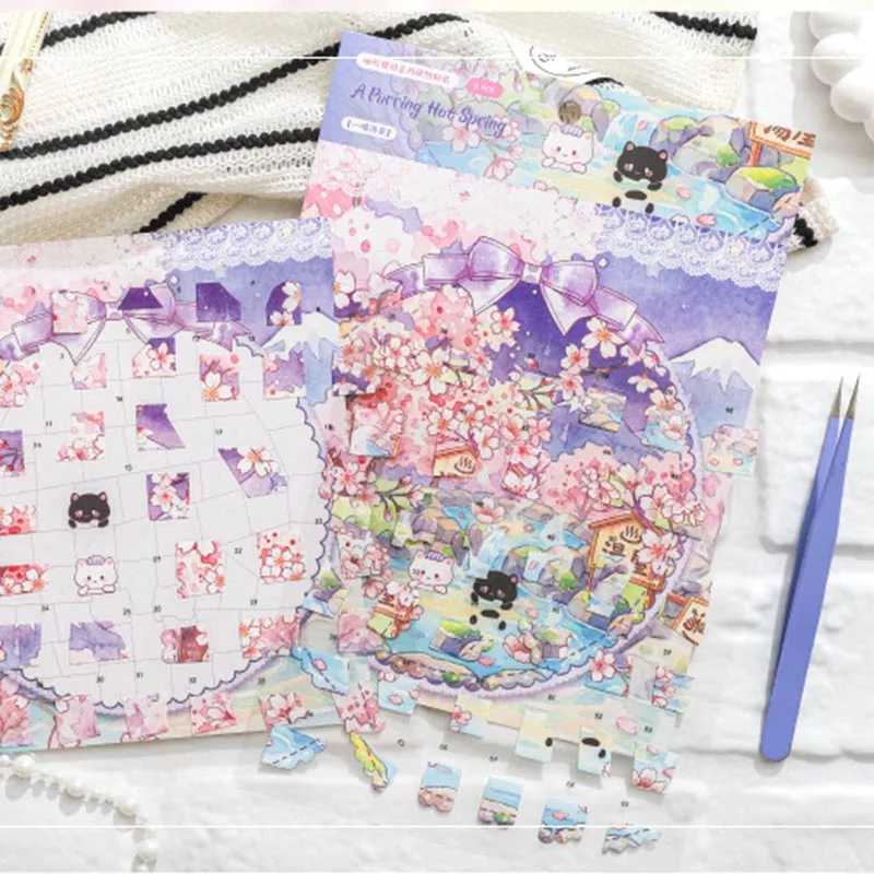 Kawaii Sakura Cat Puzzle Sticker Sheet DIY Spring Onsen Scene Building Fidget Stickers for Journal Scrapbooking Stress Relief
