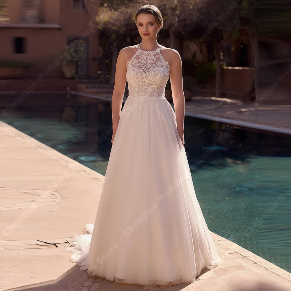 

2025 Halter Collar A-Line Women Wedding Dresses Elegant Tulle Bridal Gowns Mopping Length Engagement Banquet Vestidos De Novias