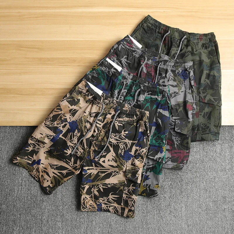 

Summer Men's Waed Pure Cotton Camouflage Casual orts Elastic Waist Multi-ket Workwear Loose Fit Youth Five-Quarter Pants