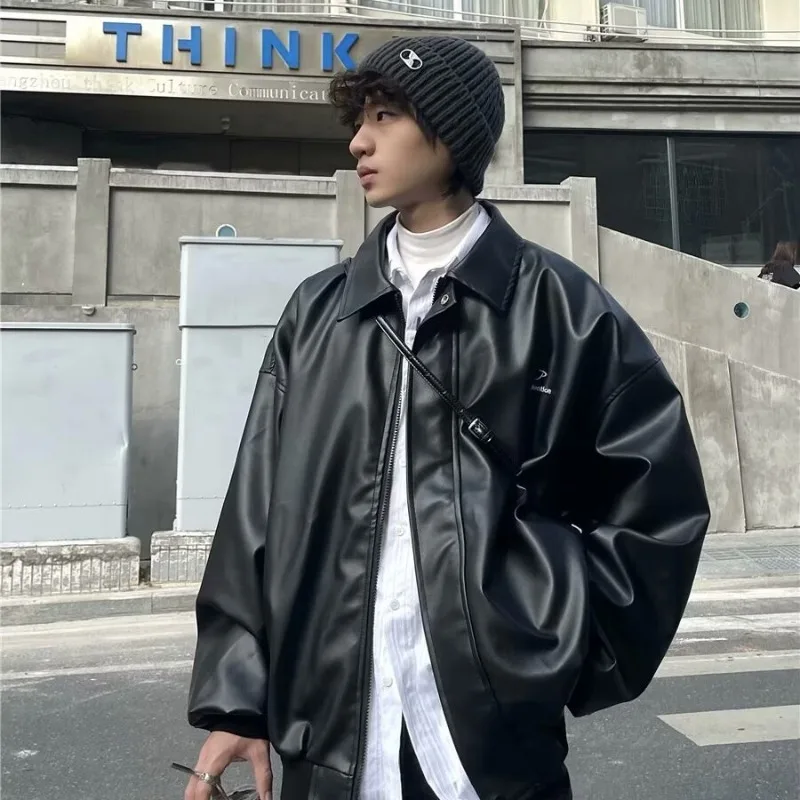 

Loose Men's Biker Leather Jaet Pilot Sle PU Coat Cardigan Outerwear Autumn Winter Large Size 250 Pou Faionable