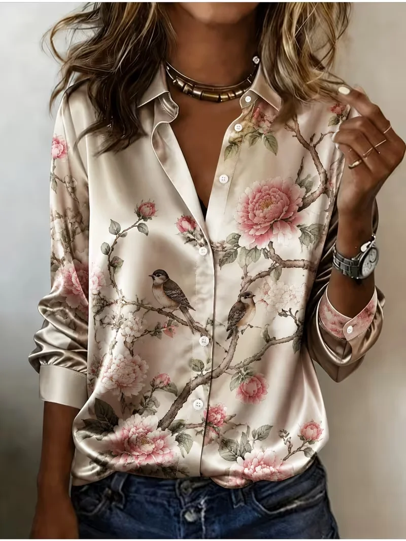 New Tibetan retro floral shoulder yoke long sleeved shirt Western style women's retro casual denim shirt