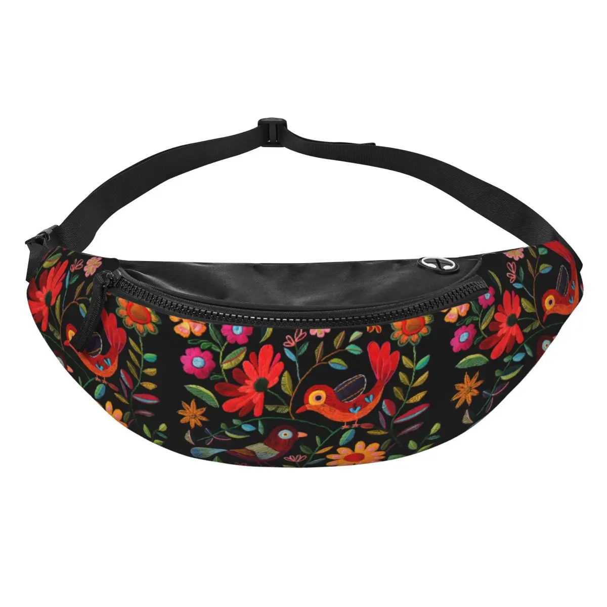 Custom Mexican Otomi Art Birds Flowers Fanny Pack Women Men Crossbody Waist Bag for Traveling Phone Money Pouch