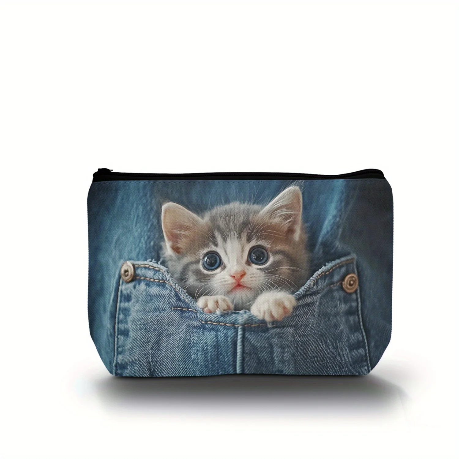 Schattig katje jeans zak make-up tas polyester toilettas casual clutch cosmetisch zakje met ritssluiting opbergorganisator