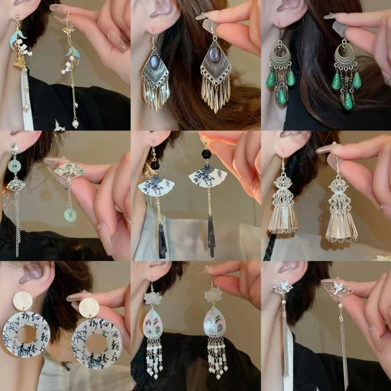 New Chinese Style Ancient Style Super Immortal Unique Elegant Gentle Versatile Bamboo Flower Pearl Tassel Earring Hook Female