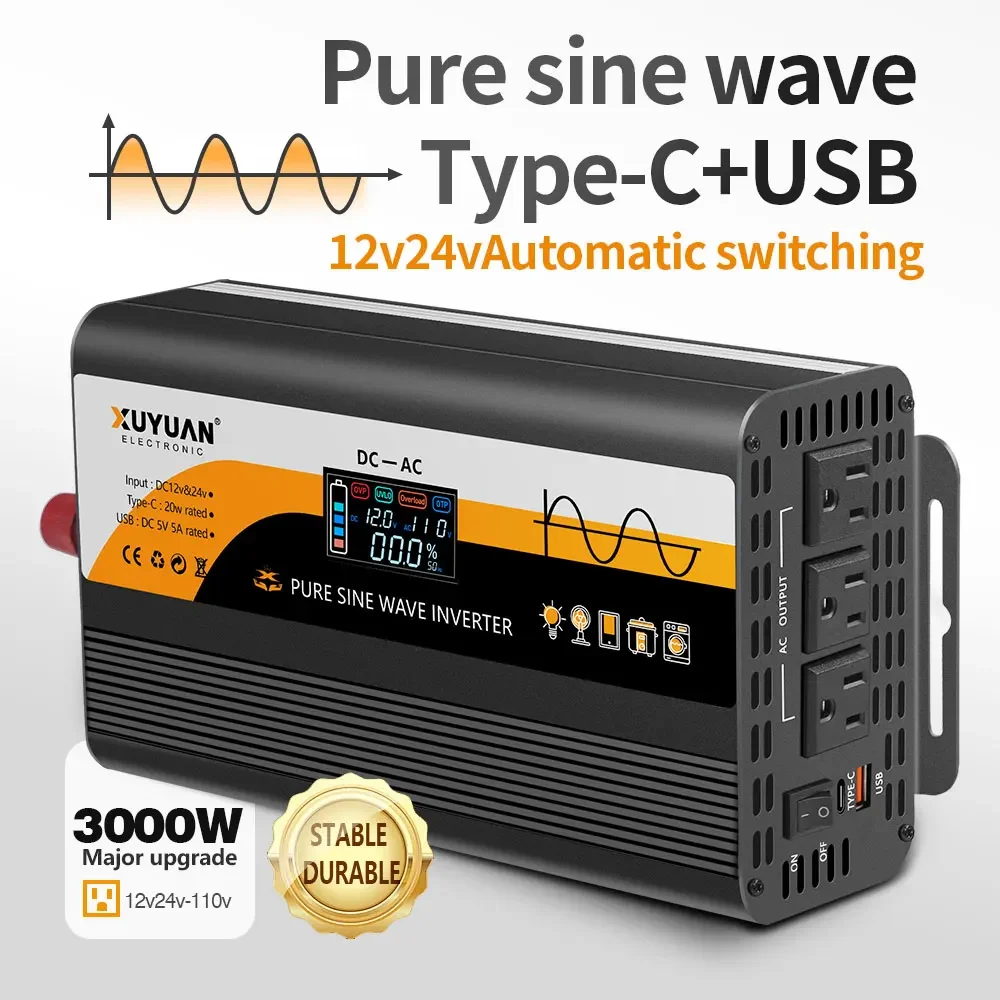 

4KW XUYUAN Pure Sine Wave Inverter 12V/24V to 110V/220V - 800W-4000W Peak Power, Dual Voltage Auto-Switching for Home/Outdoor