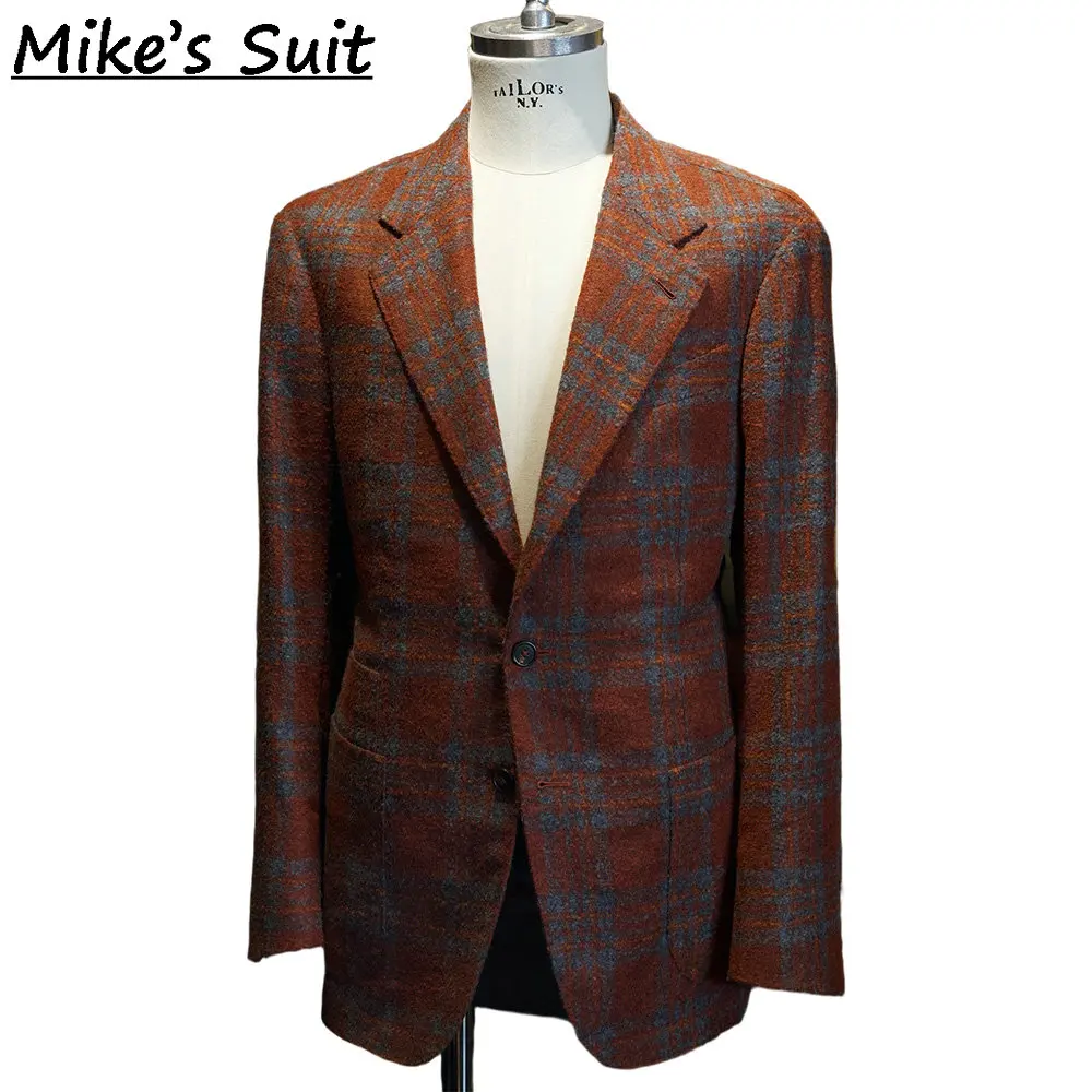Men Rust Prince of Wales Check Tweed Wool Blazer Single Breasted Vintage British Casual Sport Coat