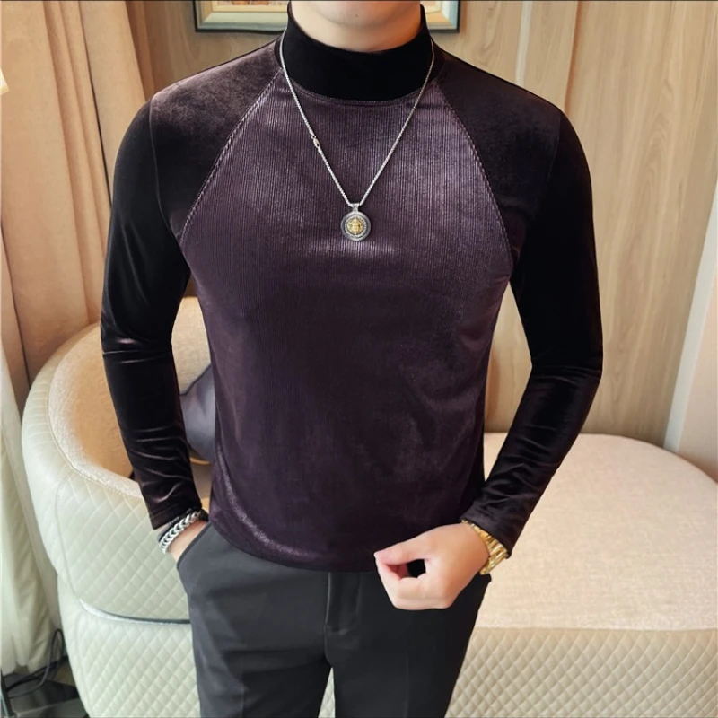 

Роскошная вельветовая футболка с длинными рукавами для мужчин, осенне-зимняя повседневная деловая футболка с высоким воротником, мягкие удобные базовые рубашки