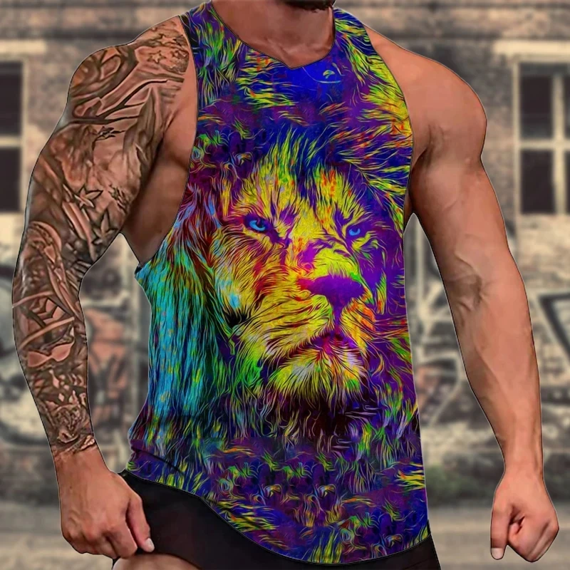 Personality trend fashion niche men's vest Harajuku animal lion 3D printed pattern summer top fitness sleeveless top trendy men