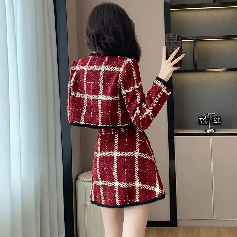 Formal Thicke Plaid Coat+Skirt Women Spring Autumn New Chic Set Women's Fashion Long Sleeve Loose Plaid Skirt Two-Piece Suit