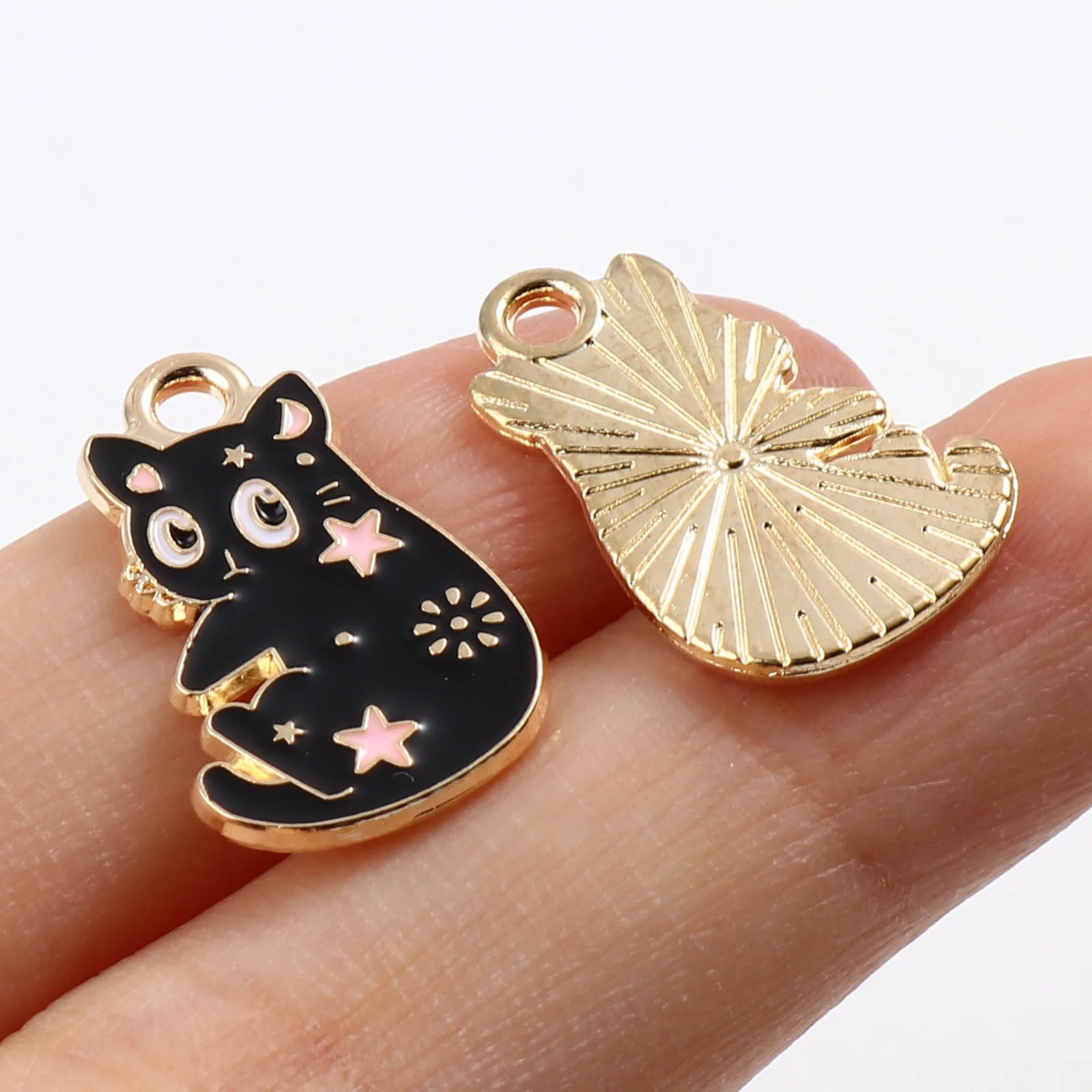 Cute Cartoon Charms Cat Animal Gold Color Metal Enamel Star Moon Pattern Pendants DIY Making Earrings Jewelry 20mm x 12mm,10PCs