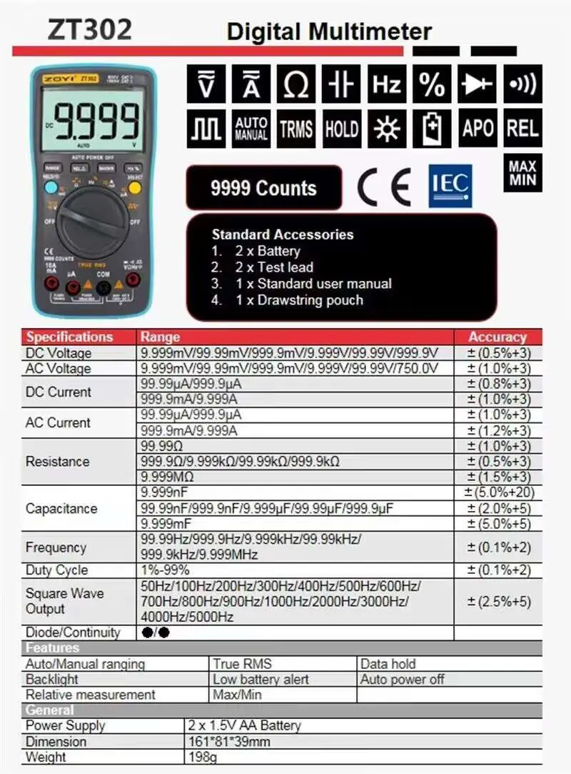 Digital Multimeter ZT 301/302/303 True RMS Auto Range Ammeter Voltmeter Smart Capacitor Temperature NCV Ohm Hz Tester