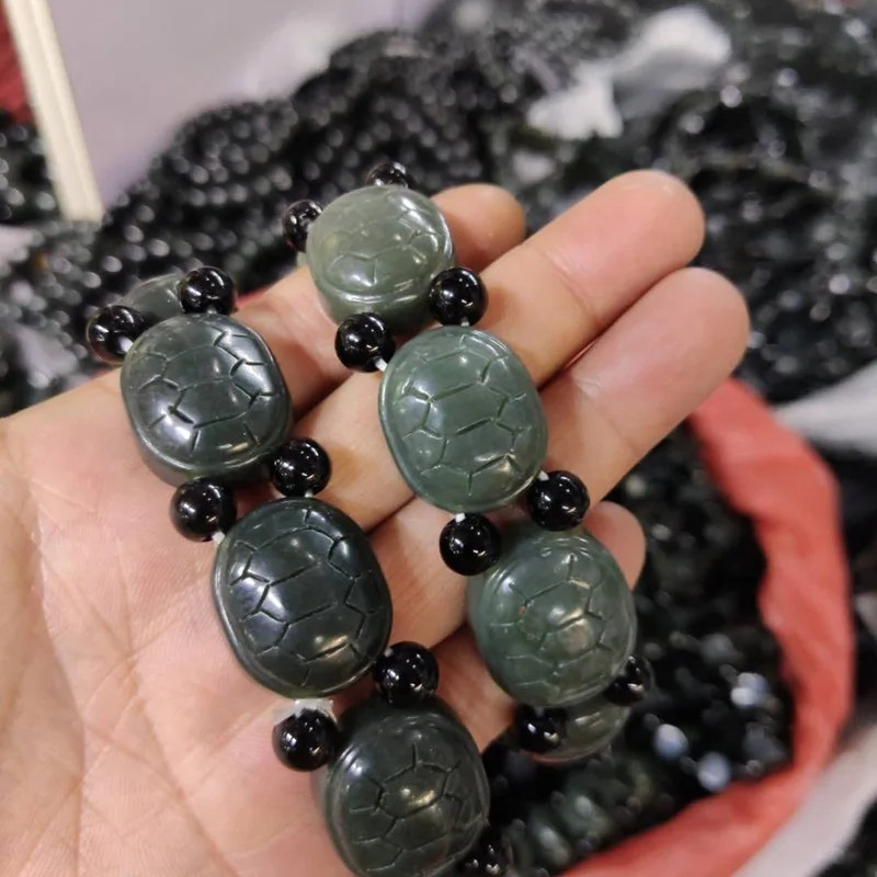 

Hetian , Tortoise Bead , Black Green Jade Elastic Bracelet Men And Women