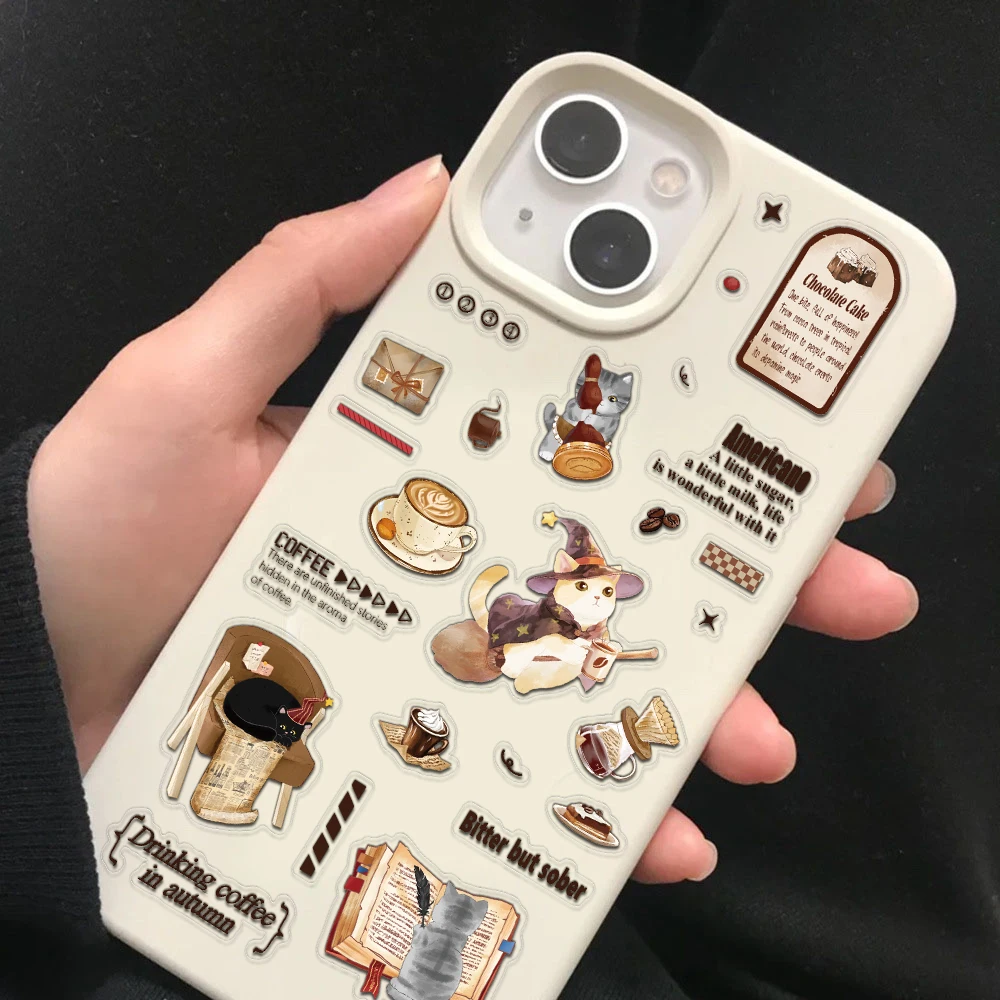 6PCS Creative Coffee Cat Language Cute Transparent PET Material Stickers Decorative Phone Cases Notebook Water Cup Stickers