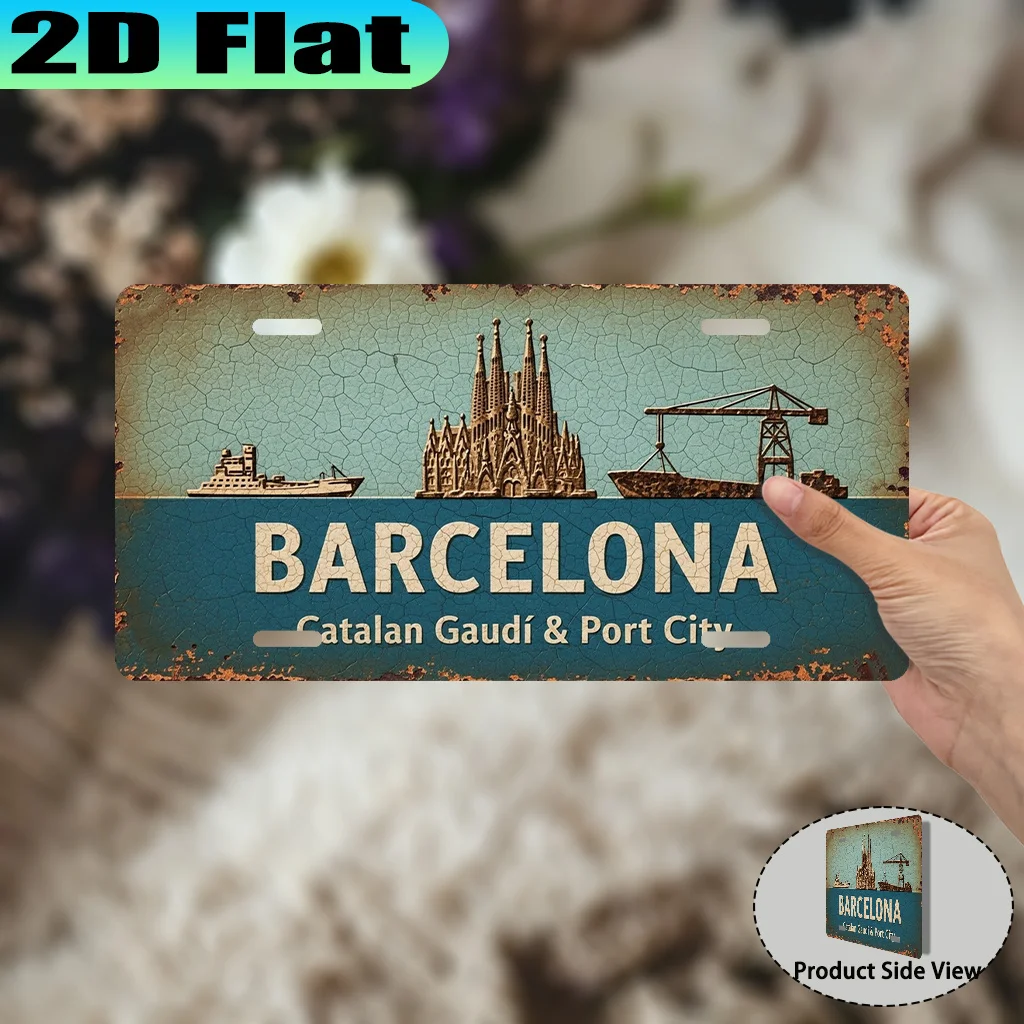 2D Flat,1pc, Barcelona Catalan Gaudi and Port City Vintage Aluminum Sign (12 X 6in), for Decorative Purposes Only, Architecture