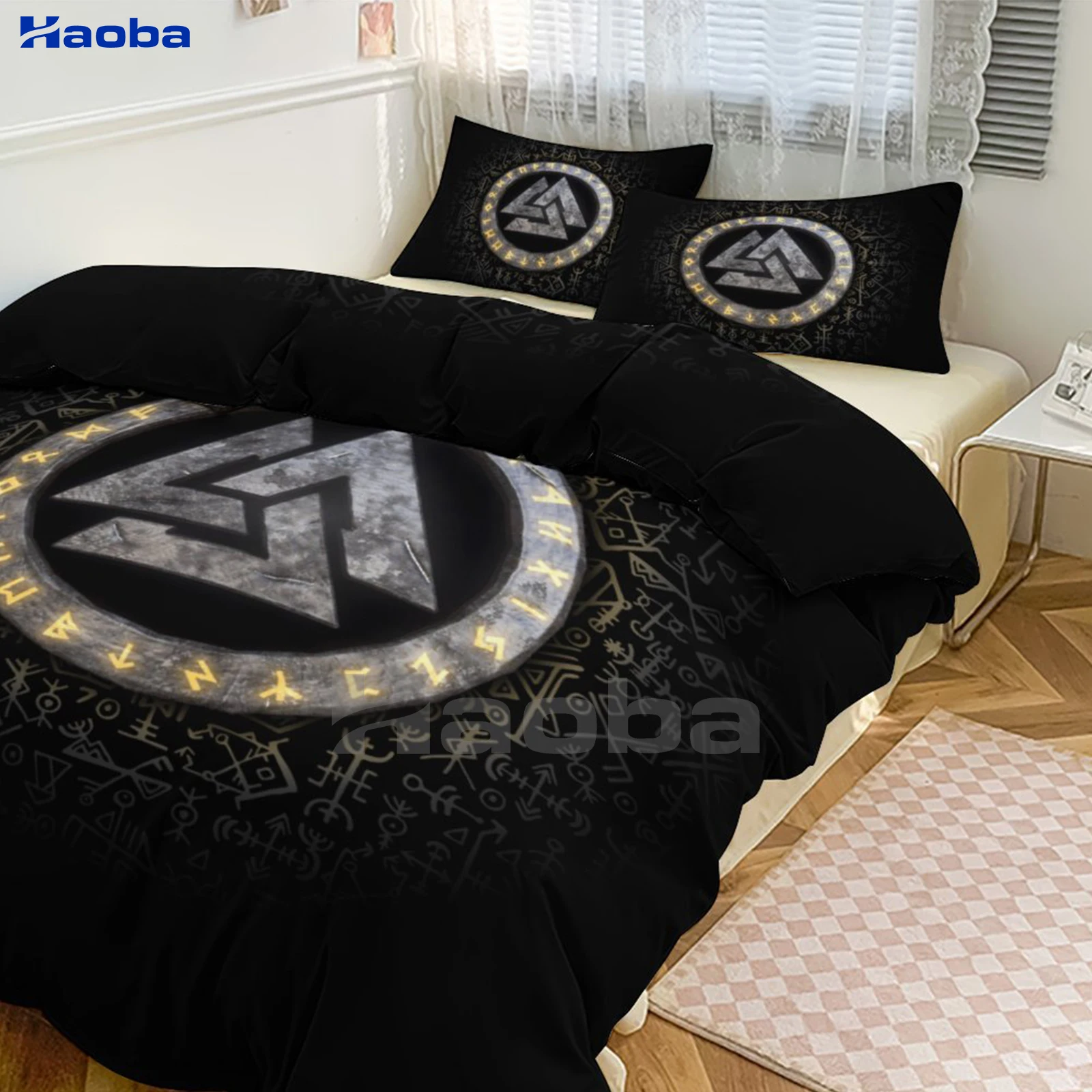 Viking Rune Valknut Three Piece Bedding Set Children or Adults for Beds Quilt Covers Birthday Gifts for Women Men