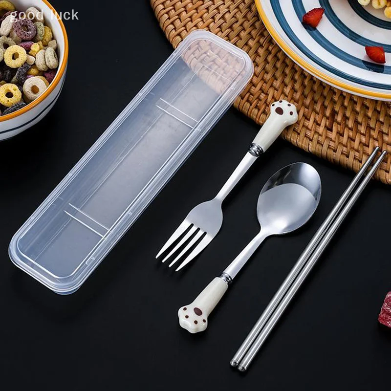 Juego de vajilla de acero inoxidable con garra de gato, cubiertos portátiles, tenedor, cuchara, palillos, traje de tres piezas con caja, cubiertos de viaje, regalo