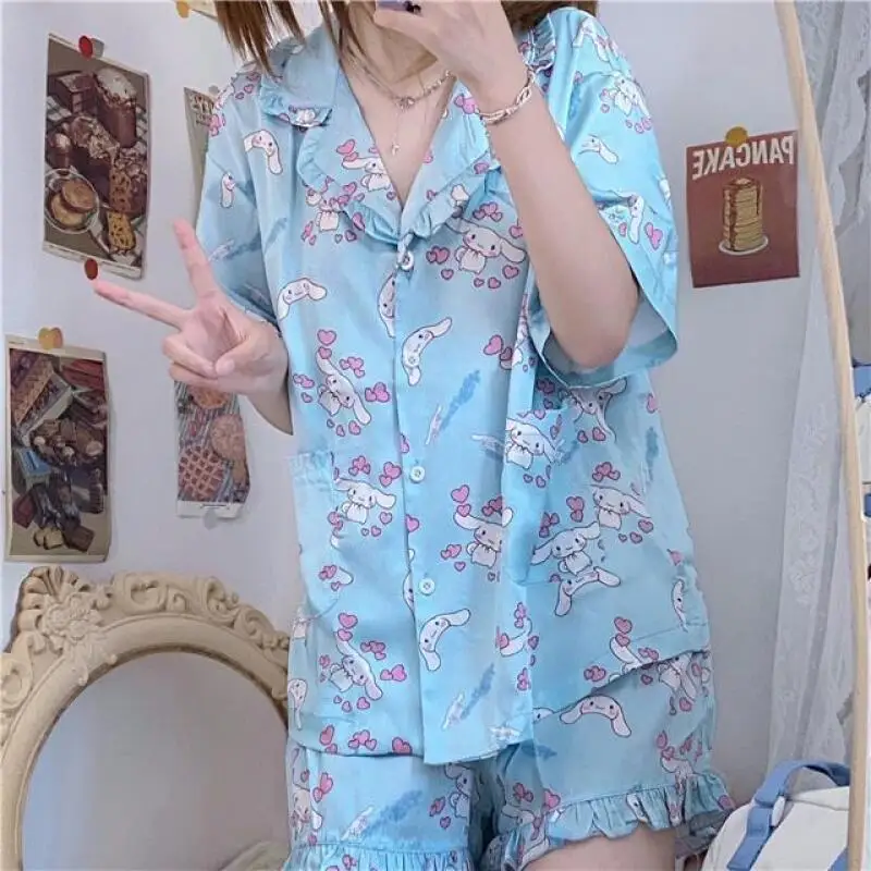

Kuromi Hello Kitty Woman Pajamas Kawaii Summer Anime Cartoon Short Sleeve Loose Casual Pajamas Girl Short Sleeve Homewear