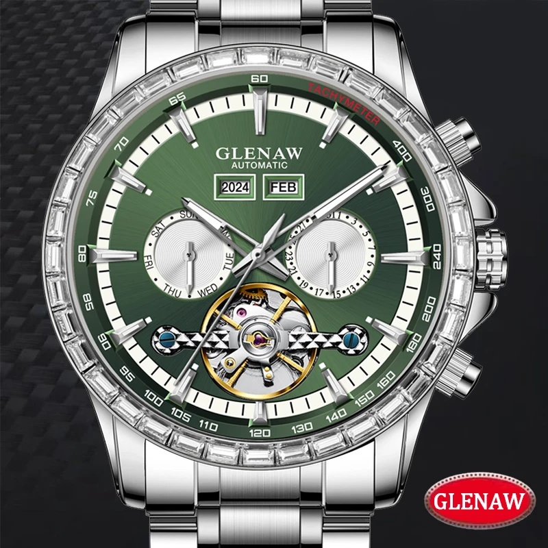 

2025 NEW GLENAW Year Month Sunday Multi-functional Mechanical Watch Men Diamond Circle Stainless Steel Waterproof Luminous Watch