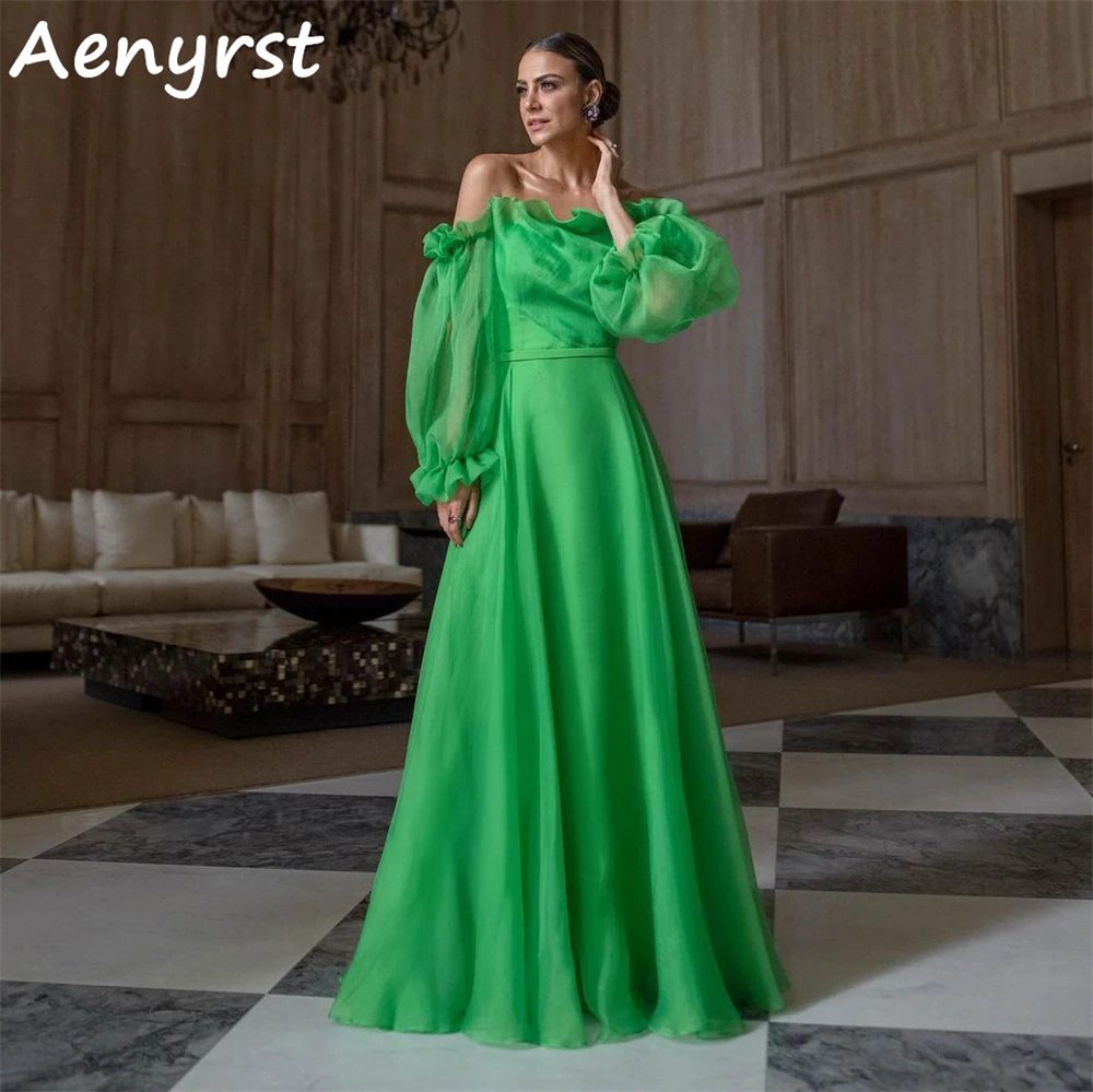 Aenyrst Off The Shoulder Long Puff Sleeves Ruffles Prom Dresses A Line Backless Evening Gowns Floor Length Dinner Party Dress