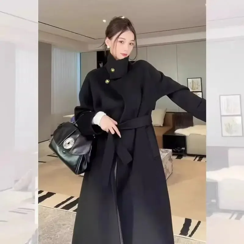 

Long Sleeve Stand Collar Commute Style Fashionable Elegant Black Woolen Coat Women's Thickened Hepburn Style Belted Outerwear