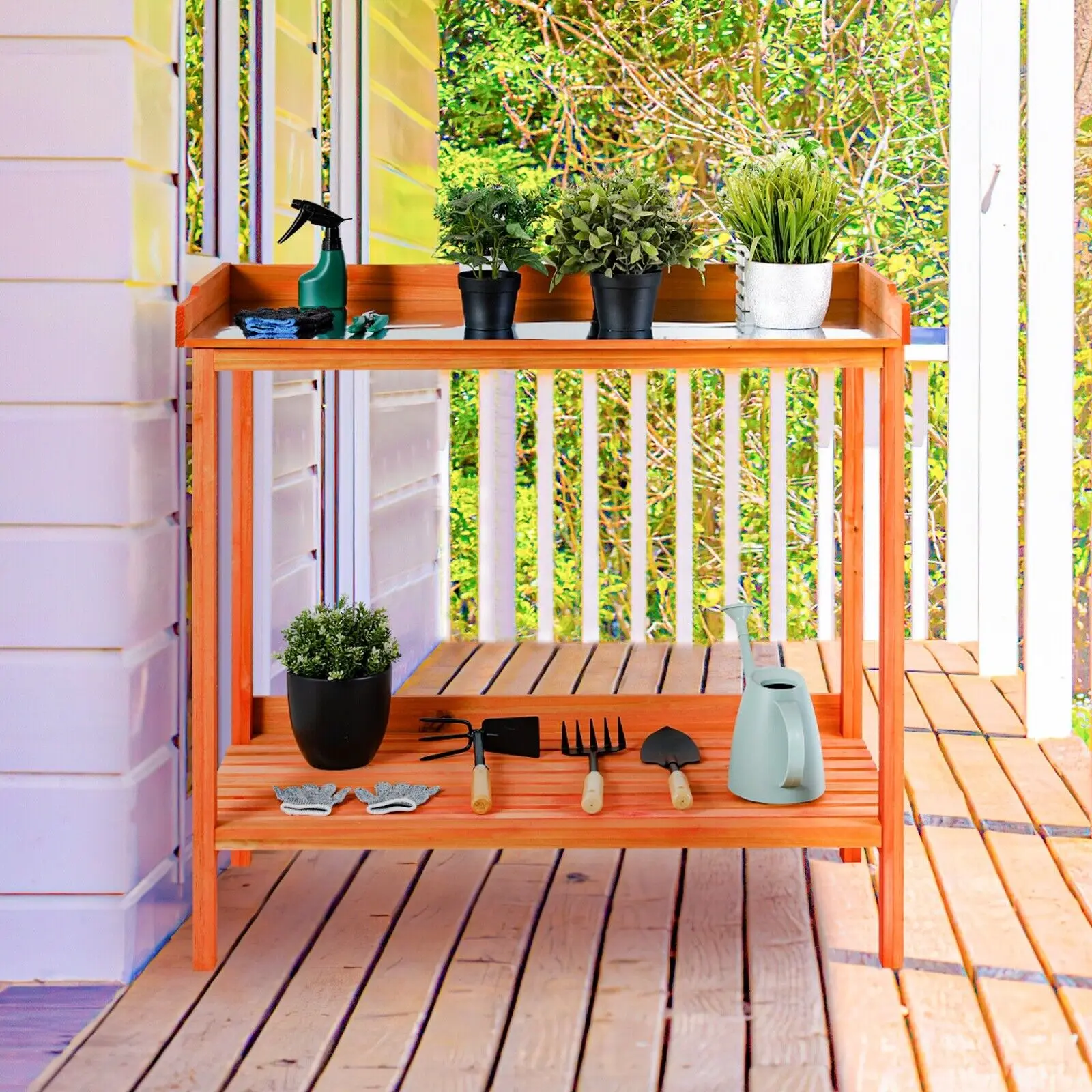 Pot Long Table Outdoor Garden Wooden Workstation With Storage Rack And Wheels