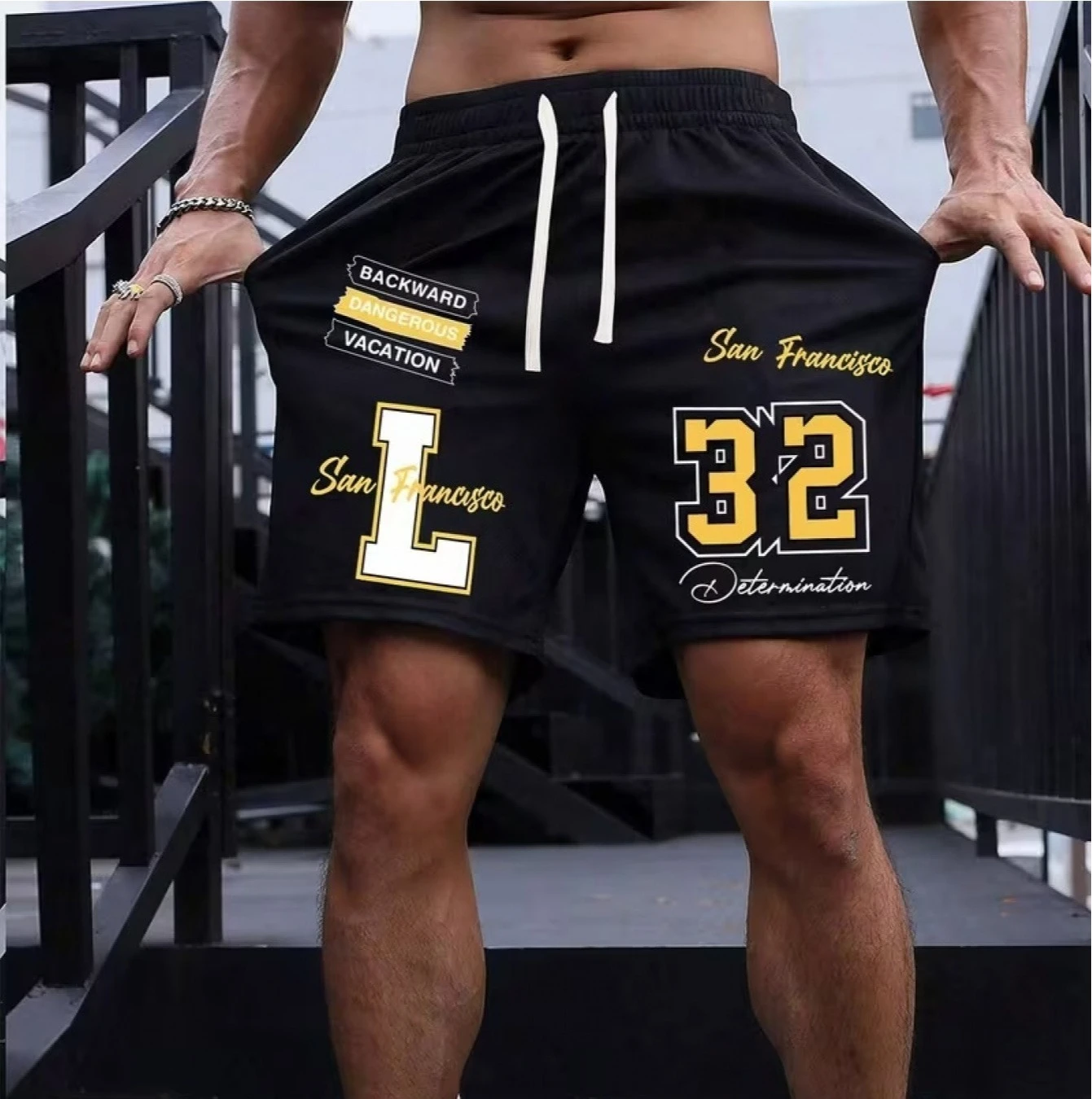 Men's Summer Casual Sports Shorts, Los Angeles Pattern and Number 23 Design Geometric Pattern