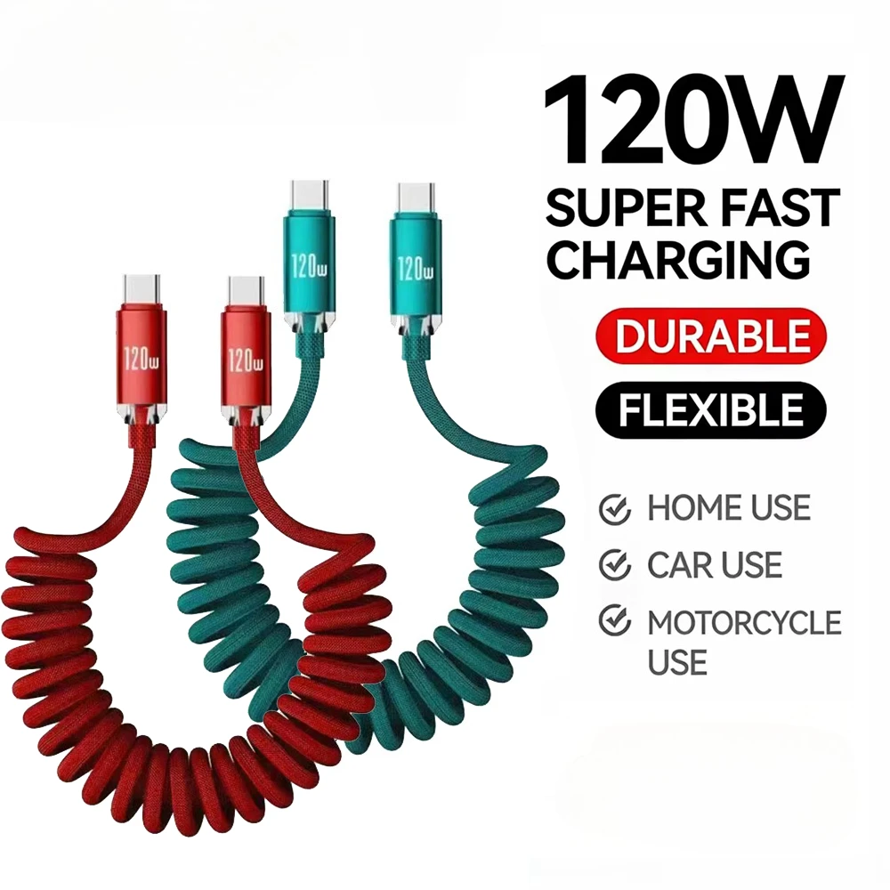 120W Car USB A to USB C Fast Charging Cable Type C Retractable Spring Cord Dual PD Quick Charge Line For iPhone Samsung Xiaomi