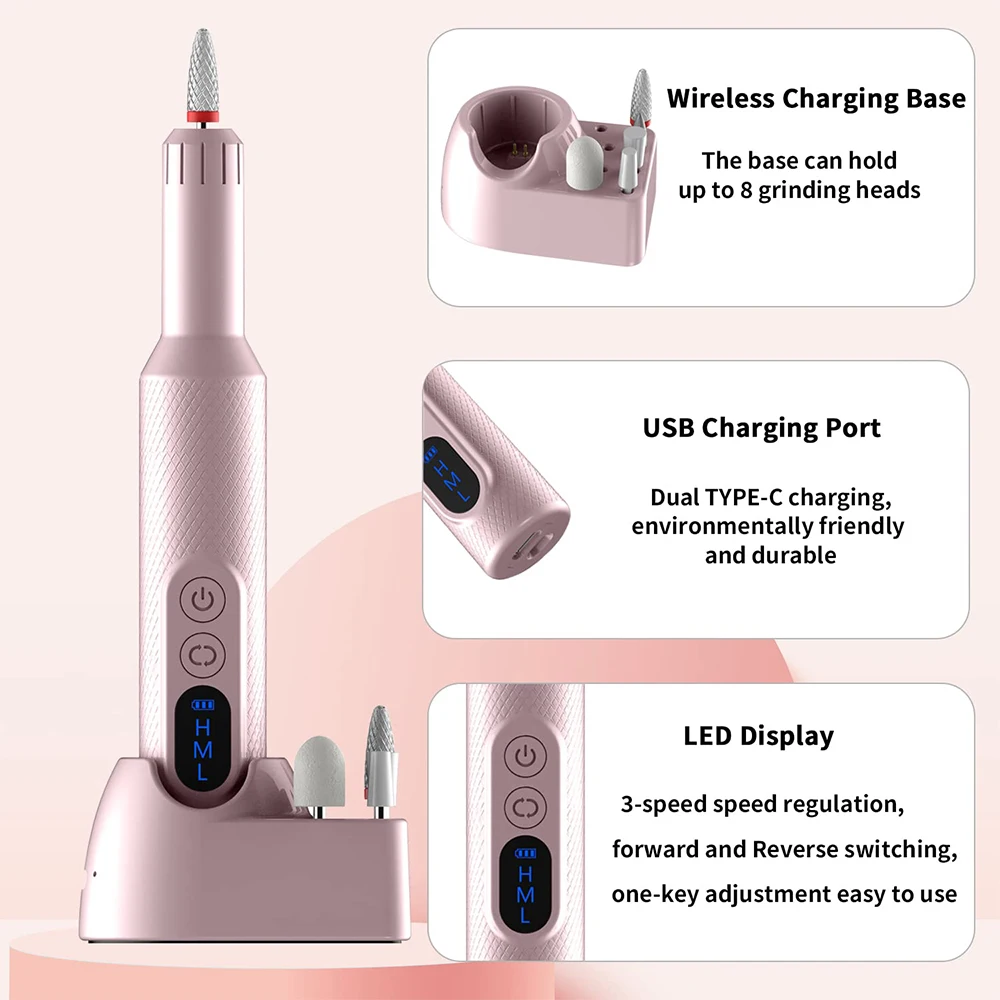 Cordless Electric Nail Drill Machine Rechargeable Nail File Milling Cutter For Manicure Pedicure Gel Remover Sander Nails Tools