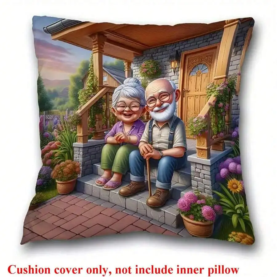 Funny Old Couple Cushion Cover Cartoon Grandma Grandpa Print Pillow Case for Home Decor Sofa Bedroom Novelty Gift