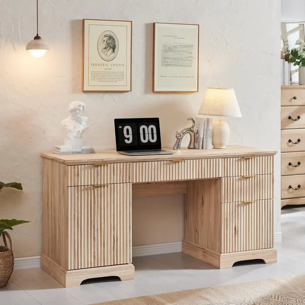 

Modern Executive Desk with Storage, Wood Home Office Desk with 5 Drawers & 1 Cabinet, Fluted Computer Writing Desk for Study