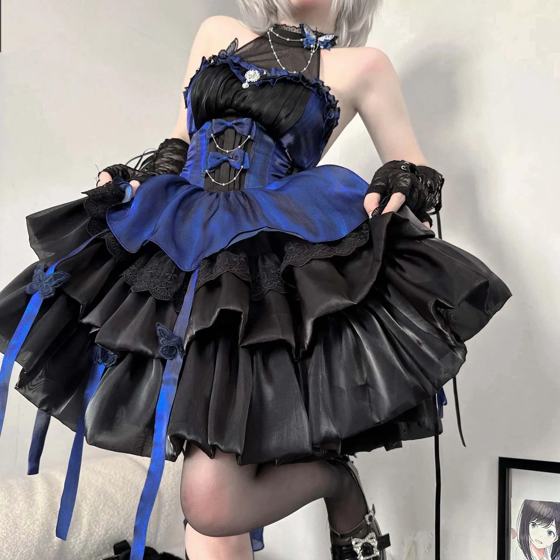 Black and Blue Lolita Style Super Pure Halter Spaghetti Straps Short Skirt Trailing Pettiskirt