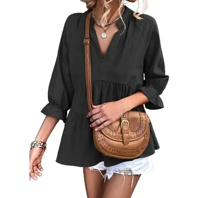 Customized Womens 3 4 Sleeve V Neck Babydoll Blouses Casual Personalized Custom Loose Fitted Daily Wear Blouses Shirts
