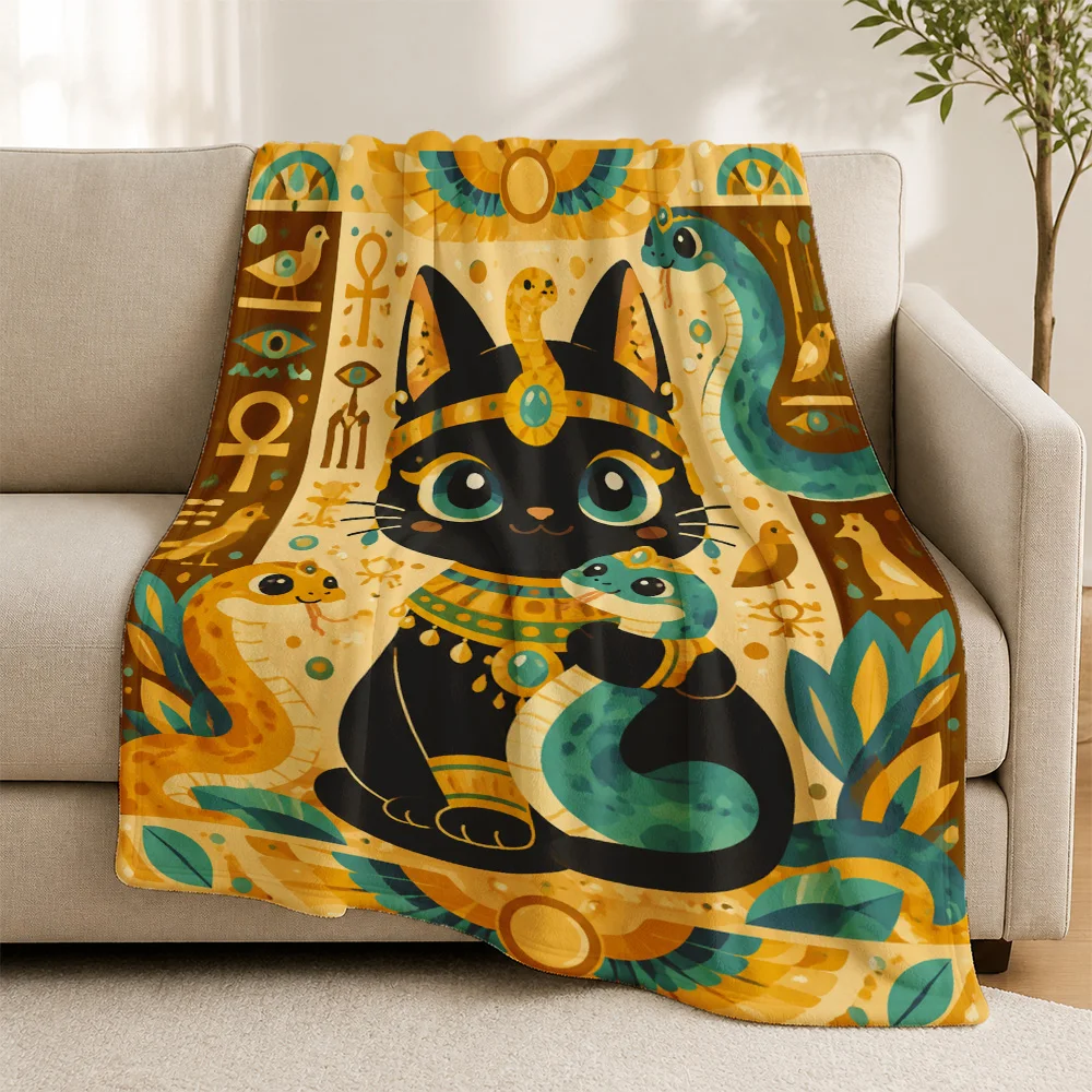 Egyptian Cat God Throw Blanket for Sofa Couch Decor Boho Home Gift Mythology Pharaoh Ancient Art Textiles Living Room Throw