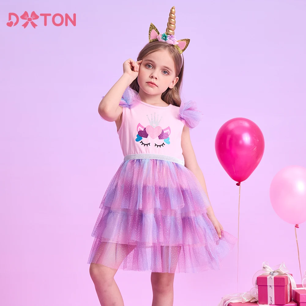 

DXTON Summer Children Dresses For Girls Layered Gradient Mesh Tulle Princess Girls Dress Heart Cartoon Print Kids Clothing 3-12Y