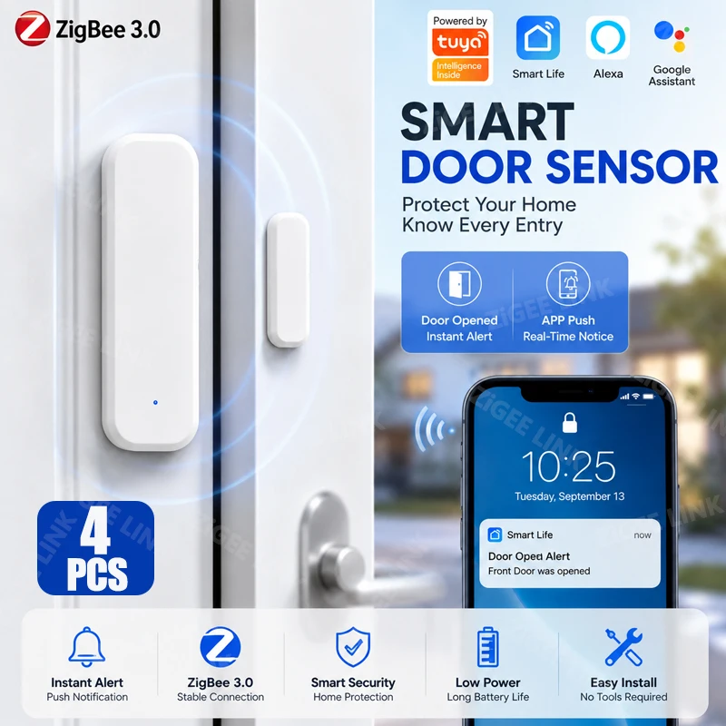 4PCS Zigbee3.0 Window Door Security Sensor Burglar Alarm Detector With Smart Life Remote Monitor For Household Safety Protection
