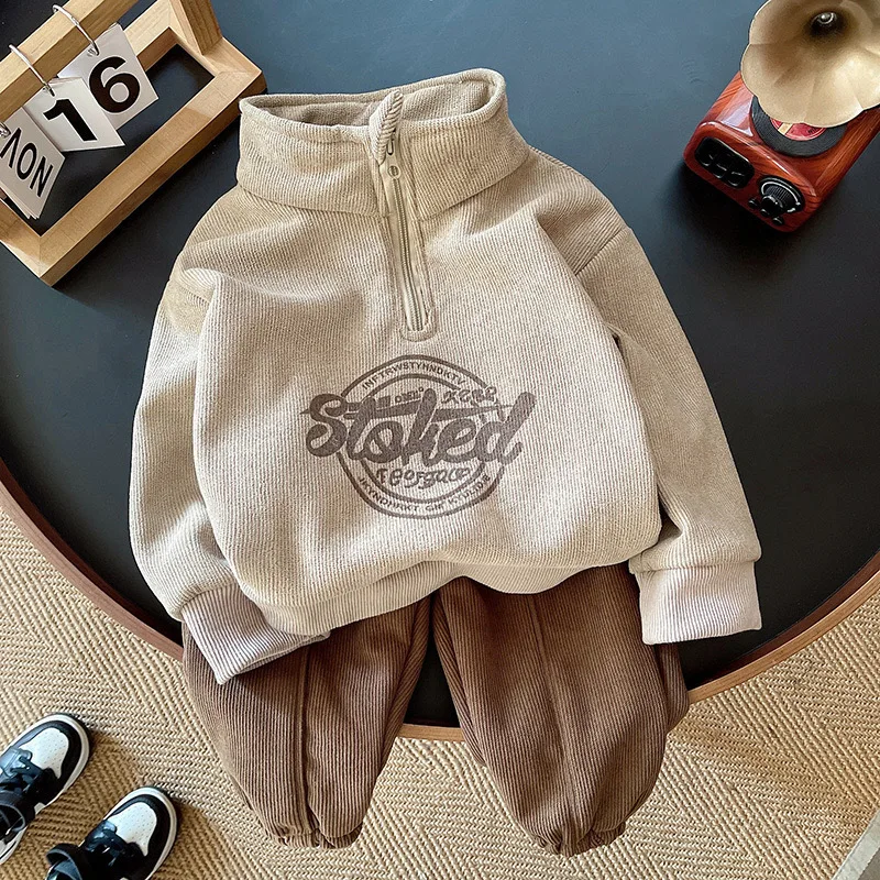 Children's Sets Boys' Stand Collar Set Winter Hoodie & Pants Trendy 2-Piece Outfit for Toddlers Kids Clothes