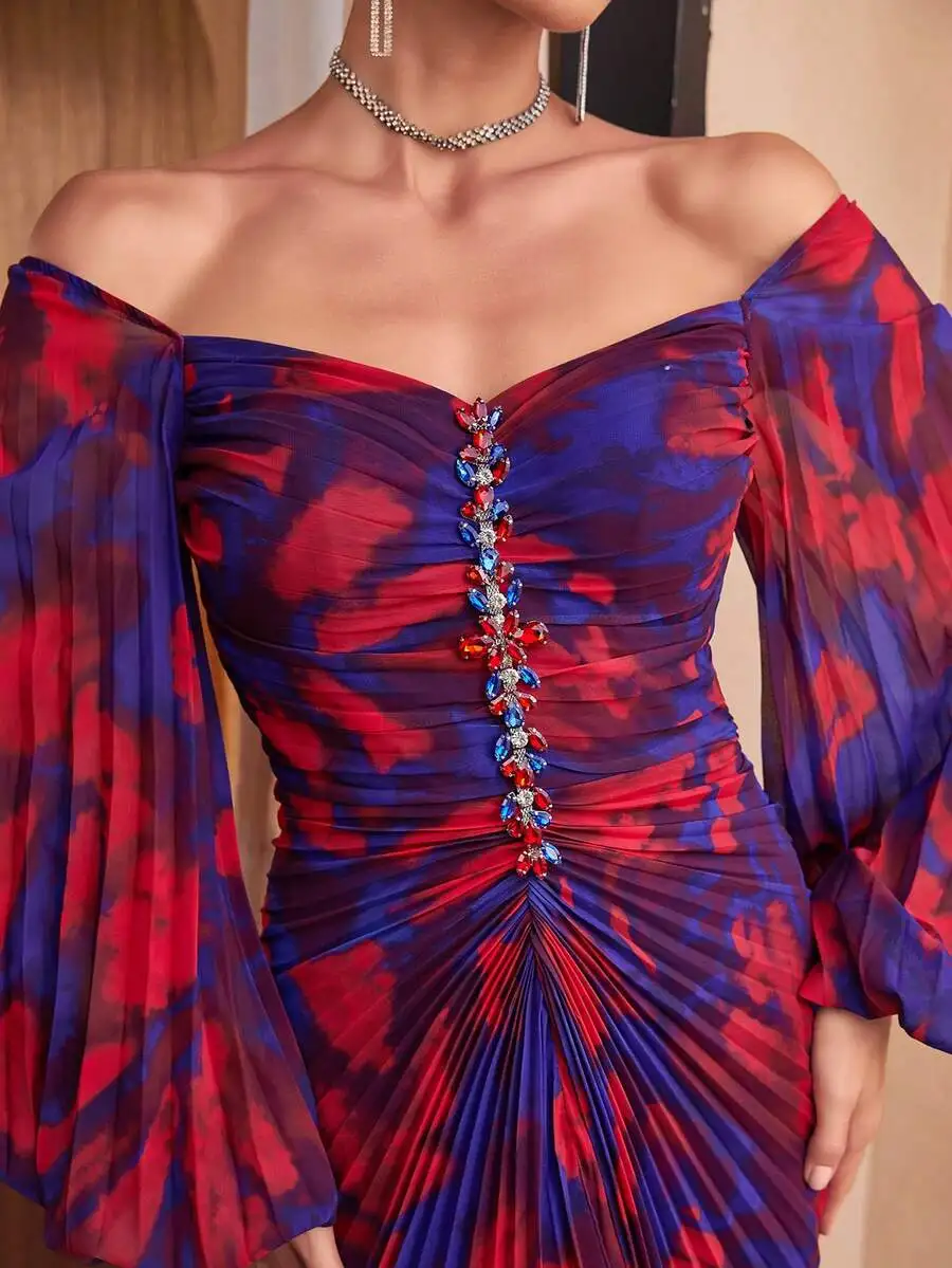 

Off-Shoulder Floral Watercolor Print Pleated Long Sleeve Maxi Dress With Crystal Embellishment
